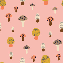 Materiał do szycia Mushroom seamless vector pattern. Modern doodle background hand drawn mushroom nature illustration in pink white brown gold. For kids fabric, fall decoration, Thanksgiving card, surface pattern design