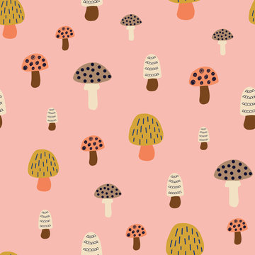 Mushroom seamless vector pattern. Modern doodle background hand drawn mushroom nature illustration in pink white brown gold. For kids fabric, fall decoration, Thanksgiving card, surface pattern design