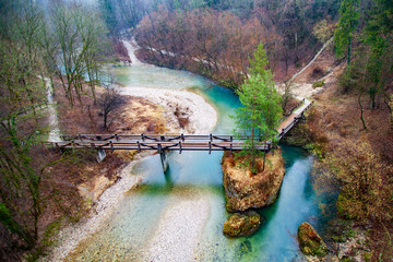 Wooden bridge over river in forest