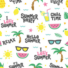 Summer seamless pattern. Text and food, fruits.