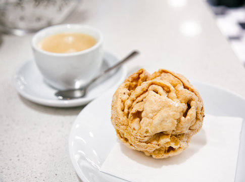 Schneeballen pastry served at bakery cafe in Rothenburg ob der Tauber on Romantic Road Bavaria Germany