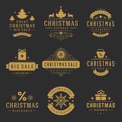 Christmas sale labels and badges with text typographic decoration design vector vintage style set