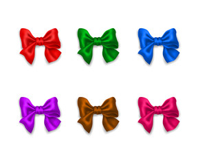 Collection of realistic decorative multicolored shiny ribbon bows. Vector illustration.
