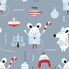 Fototapeta na wymiar New year seamless pattern with symbol 2020 - cute white mouses or rats and holiday decorations on blue background. Hand drawn design elements. Vector illustration. Great for wrapping paper.