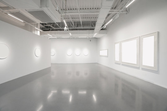 Museum of modern art.Empty Gallery interior space, white walls and grey floors
