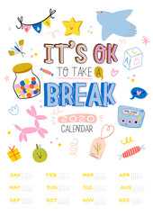 Naklejka premium Happy Birthday wall calendar. 2020 Yearly Planner have all Months. Good Organizer and Schedule. Cute kids doodle illustration, Lettering with motivational and inspiration quotes. Vector background
