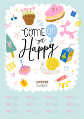 Happy Birthday wall calendar. 2020 Yearly Planner have all Months. Good Organizer and Schedule. Cute kids doodle illustration, Lettering with motivational and inspiration quotes. Vector background