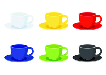 coffee cup on saucer on white background illustration vector and many coffee cups multi color White yellow red blue green black