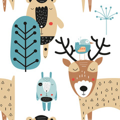 Childish seamless pattern with cute deer, bear, bird and hare in Scandinavian style. Vector Illustration. Kids illustration for nursery design. Great for baby clothes, greeting card, wrapping paper.