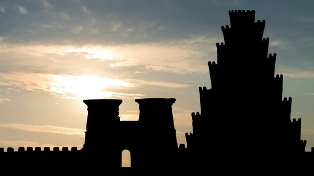 The Tower of Babel at Sunrise, Legendary Building in Babylon, Narrative in Bible is an origin myth meant to explain why the world's peoples speak different languages