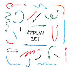 Set of vector handwriting arrows. Collection of color direction pencil sketch symbols. Doodle drawing arrow isolated on white background. Graphic design elements.