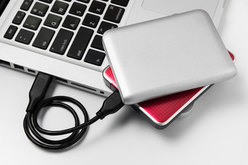 External Hard disks connect to laptop, External Hard disks and laptop computer, White background