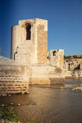 Panoramic view of the Old Tigris Bridge, Castle and minaret in the city of Hasankeyf, Turkey. Batman, Mardin Province