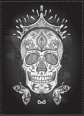 Hand drawn ornamental decorated sugar skull with crown, vector illustration