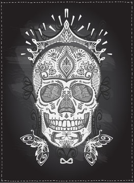 Hand drawn ornamental decorated sugar skull with crown, vector illustration