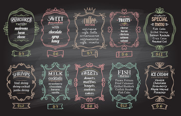 Chalk menu designs set with antique frames on a blackboard - pancakes, sweet pancakes, coffee menu, toasts, etc.
