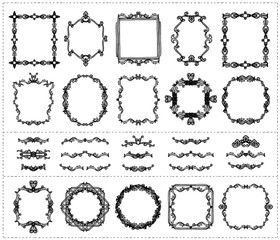 Retro graphic line monogram frames and dividers set, hand drawn illustration