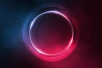 Empty background scene. Dark street reflection on wet asphalt. Rays of neon light in the dark, neon shapes, smoke. Background of an empty stage show. Abstract dark background.