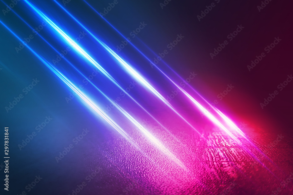 Aufkleber empty background scene. dark street reflection on wet asphalt. rays of neon light in the dark, neon 