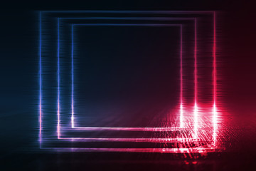 Empty background scene. Dark street reflection on wet asphalt. Rays of neon light in the dark, neon shapes, smoke. Background of an empty stage show. Abstract dark background.