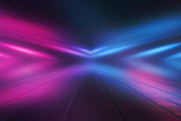 Empty background scene. Dark street reflection on wet asphalt. Rays of neon light in the dark, neon...