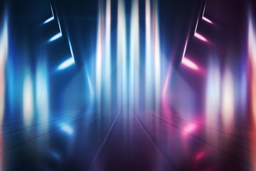 Empty background scene. Dark street reflection on wet asphalt. Rays of neon light in the dark, neon...