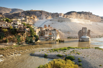 Panoramic view of the Old Tigris Bridge, Castle and minaret in the city of Hasankeyf, Turkey. Batman, Mardin Province