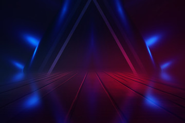 Empty background scene. Dark street reflection on wet asphalt. Rays of neon light in the dark, neon...