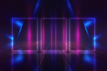 Empty background scene. Dark street reflection on wet asphalt. Rays of neon light in the dark, neon shapes, smoke. Background of an empty stage show. Abstract dark background.