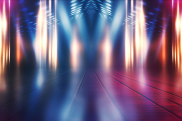 Empty background scene. Dark street reflection on wet asphalt. Rays of neon light in the dark, neon...