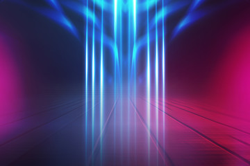 Empty background scene. Dark street reflection on wet asphalt. Rays of neon light in the dark, neon shapes, smoke. Background of an empty stage show. Abstract dark background.