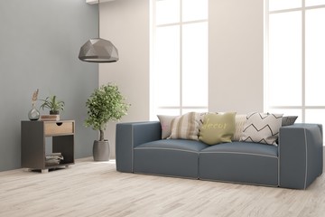 Stylish room in blue color with sofa. Scandinavian interior design. 3D illustration