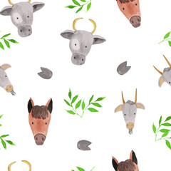 Seamless pattern with farm animals - horses, cows and goats, green leaves .. watercolor illustrations for prints, design, textiles.