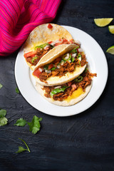 Mexican quesadillas with shredded pork also called "chilorio" on dark background