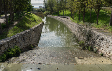 Beautiful green urban park. Public park with green grass fields, trees, waterways and pond. Parque de Cabecera, Valencia, Spain