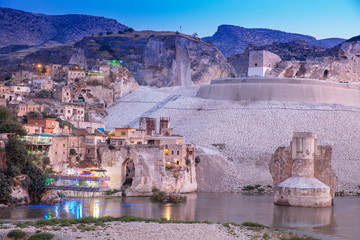 Panoramic view of the Old Tigris Bridge, Castle and minaret in the city of Hasankeyf, Turkey....