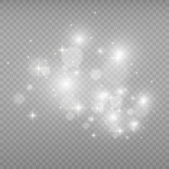 White beautiful light explodes in a transparent explosion. Vector, bright illustration for a perfect effect with sparkles. Bright Star. Transparent gloss gloss gloss, bright flash.