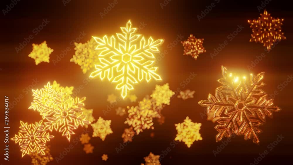 Poster 3d golden christmas background with bokeh and depth of field of shiny toy snowflakes hanging in the 
