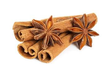 Cinnamon sticks and star anise isolated on white