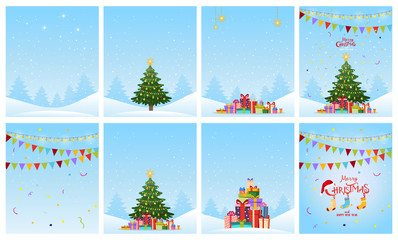 New Year s collection of greeting cards. Set of patterns with a winter forest, decorated Christmas tree, flags, snow and gifts. Flat cartoon vector.