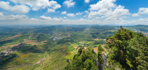 Tower Montale or Terza Torre Montale on Monte Titano, Republic San Marino. Aerial top panoramic view of landscape valley and hills of suburban district