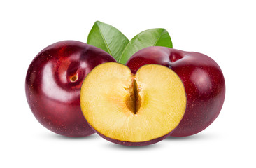 red cherry plum with leaf isolated on white background. full depth of field