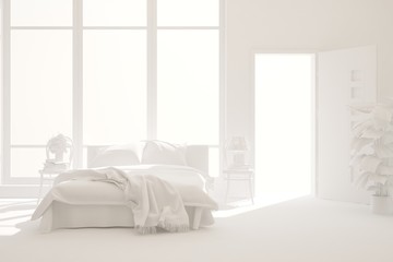 Fototapeta na wymiar Modern bedroom in white color. Scandinavian interior design. 3D illustration