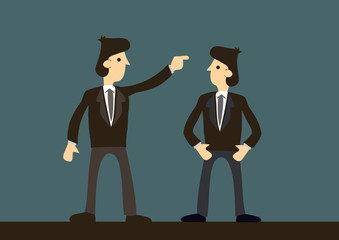 Businessmen argument. Concept of corporate quarrel, disagreement and sabotage in the office. Vector illustration.