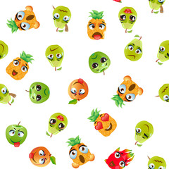 Cute seamless pattern with cartoon emoji fruits