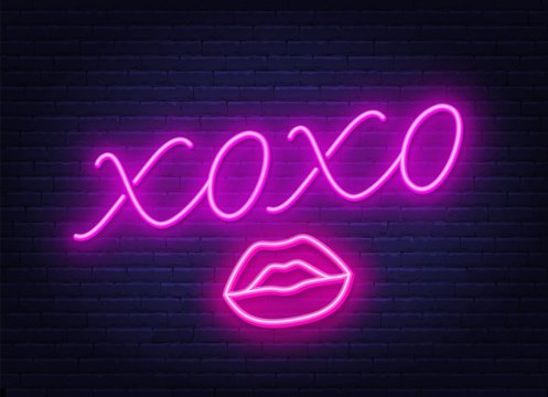 Neon sign xoxo with a kiss on a dark background. Vector illustration.