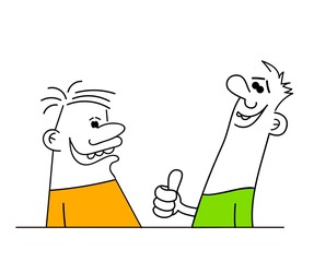 Two man talking. Man doing a success symbol. Vector illustration.