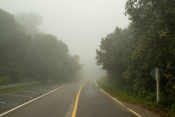 Fototapeta premium A mountain road covered by fog causing limited visibility