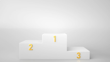 White winners podium isolated on white background. Empty pedestal for award ceremony. Space for text, blank podium and studio lighting, 3D rendering.