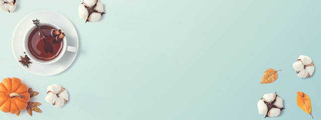 Black tea with cinnamon sticks and star anise - overhead view